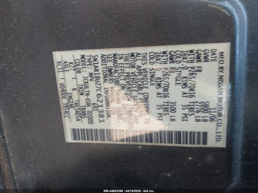 2007 Nissan Pathfinder Se VIN: 5N1AR18U27C621381 Lot: 44883398