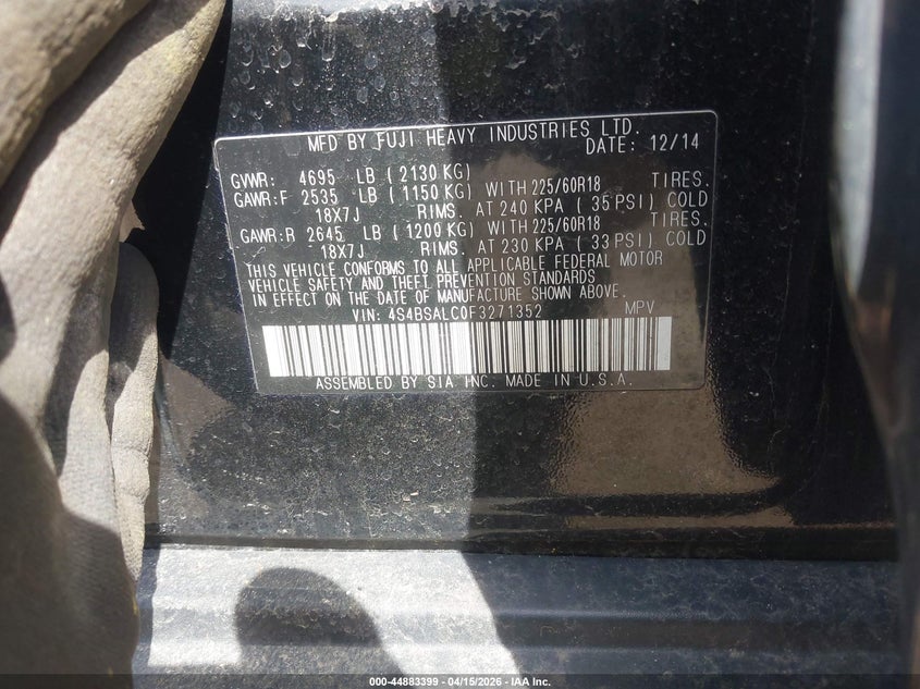 2015 Subaru Outback 2.5I Limited VIN: 4S4BSALC0F3271352 Lot: 44883399