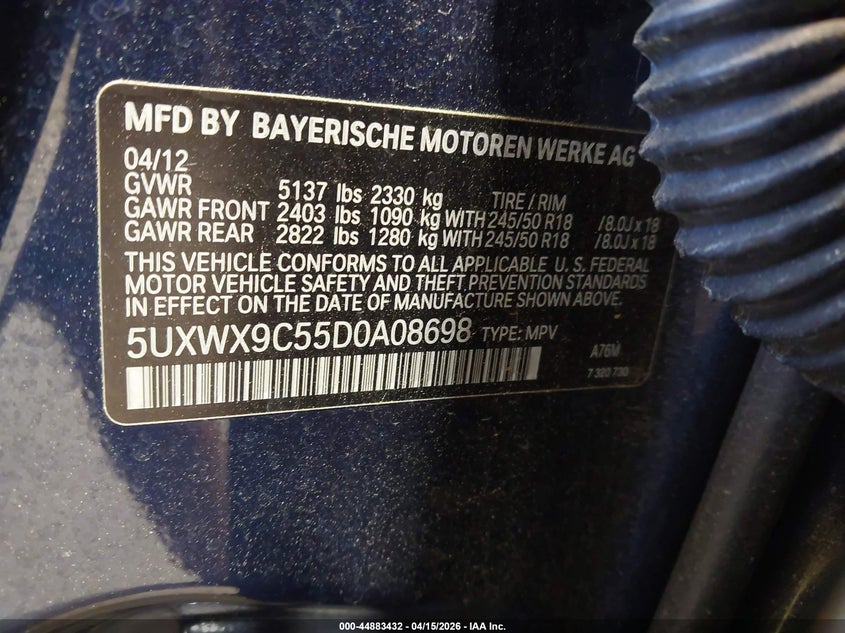 2013 BMW X3 xDrive28I VIN: 5UXWX9C55D0A08698 Lot: 44883432