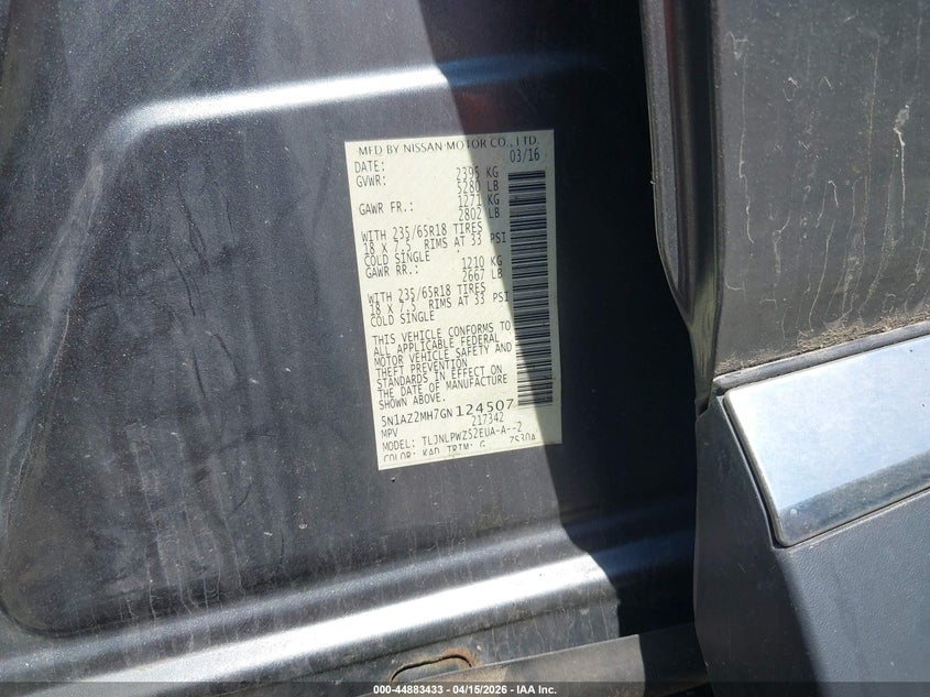 2016 Nissan Murano S VIN: 5N1AZ2MH7GN124507 Lot: 44883433