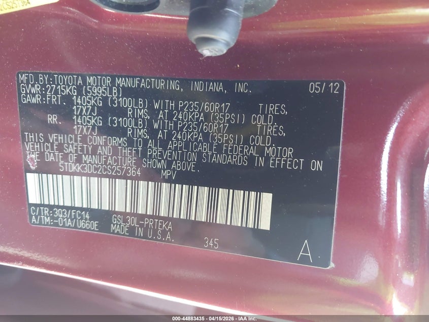 2012 Toyota Sienna Le V6 8 Passenger VIN: 5TDKK3DC2CS257364 Lot: 44883435