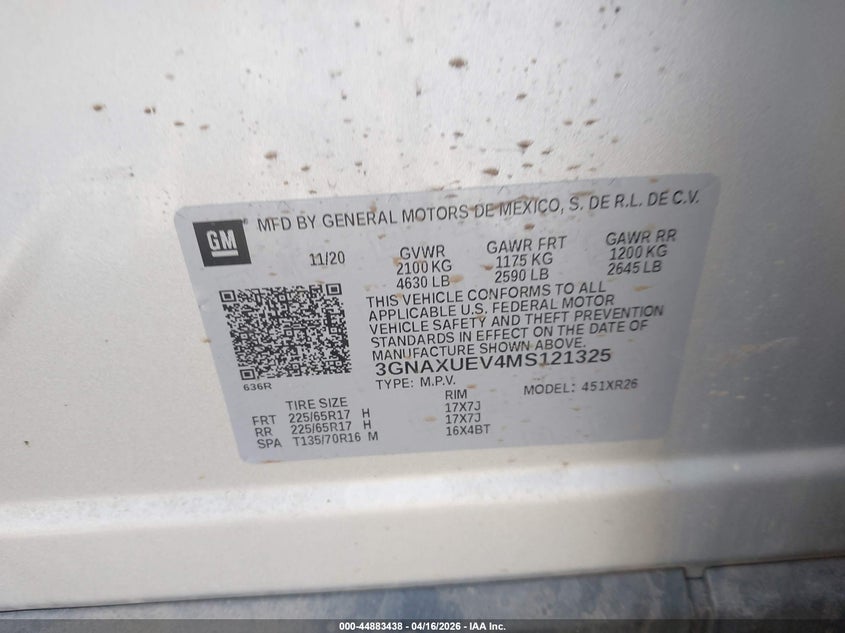 CHEVROLET EQUINOX 2021 VIN 3GNAXUEV4MS121325