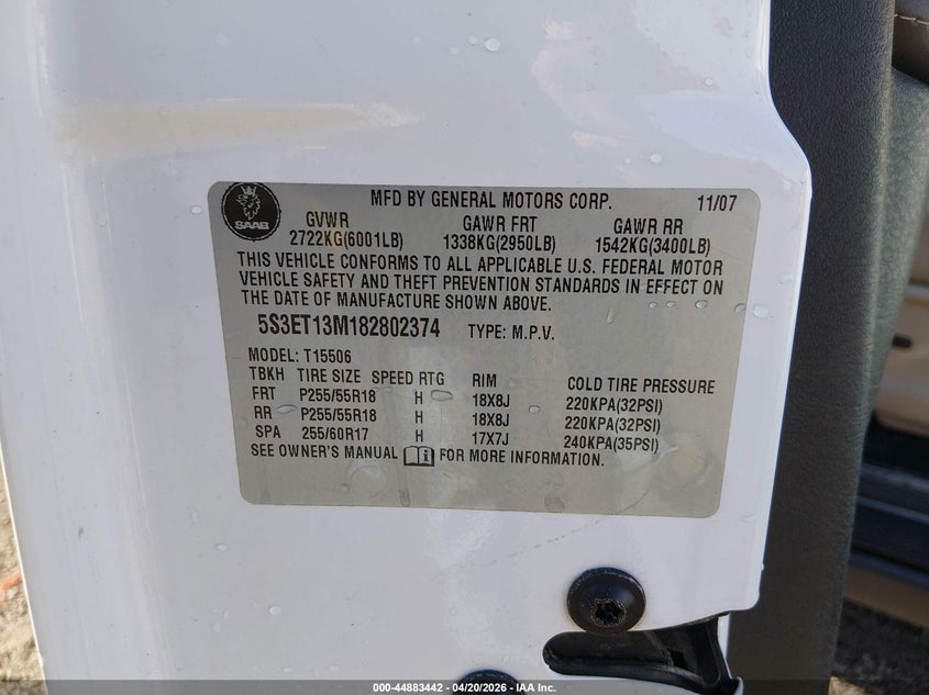 2008 Saab 9-7X 5.3I VIN: 5S3ET13M182802374 Lot: 44883442