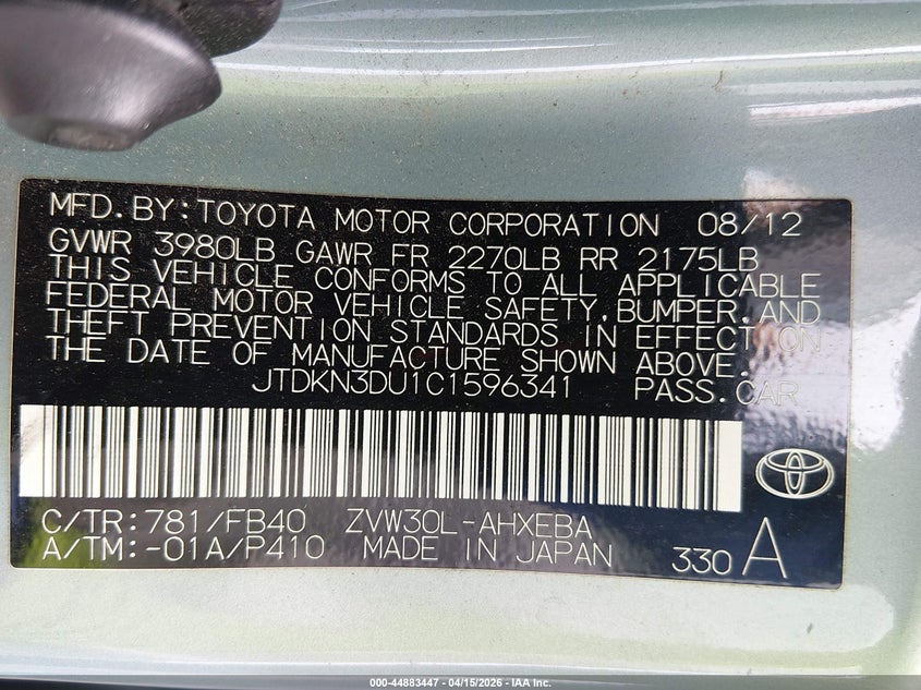 2012 Toyota Prius Three VIN: JTDKN3DU1C1596341 Lot: 44883447