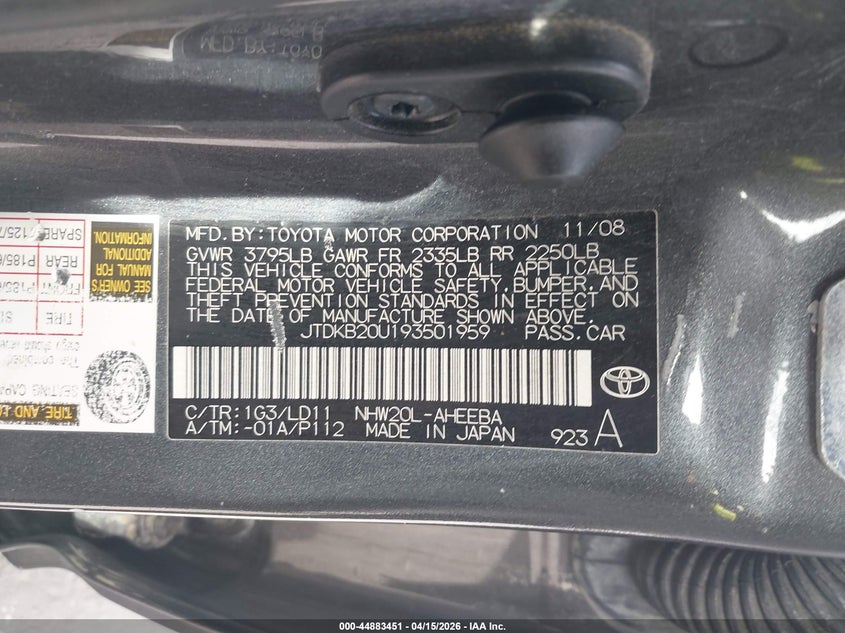 2009 Toyota Prius VIN: JTDKB20U193501959 Lot: 44883451