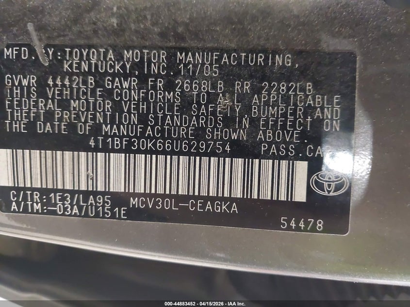 2006 Toyota Camry Xle V6 VIN: 4T1BF30K66U629754 Lot: 44883452