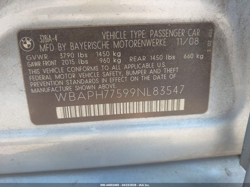 2009 BMW 328I VIN: WBAPH77599NL83547 Lot: 44883460