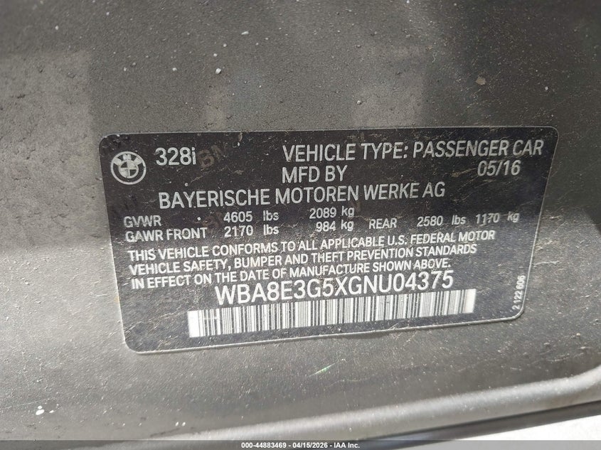 2016 BMW 328I xDrive VIN: WBA8E3G5XGNU04375 Lot: 44883469