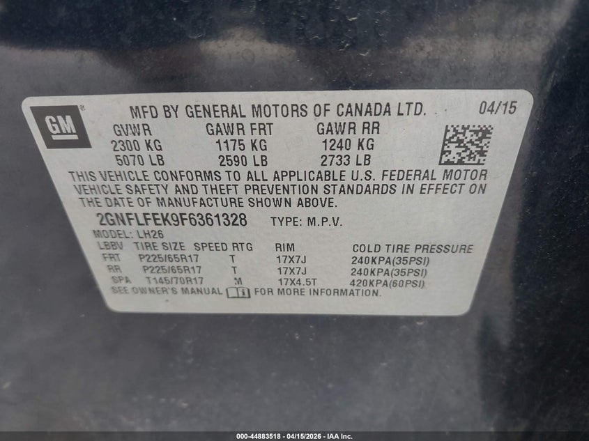 2015 Chevrolet Equinox 1Lt VIN: 2GNFLFEK9F6361328 Lot: 44883518