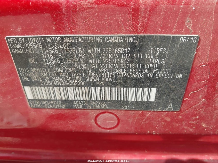 2010 Toyota Rav4 VIN: 2T3BF4DV3AW065300 Lot: 44883541