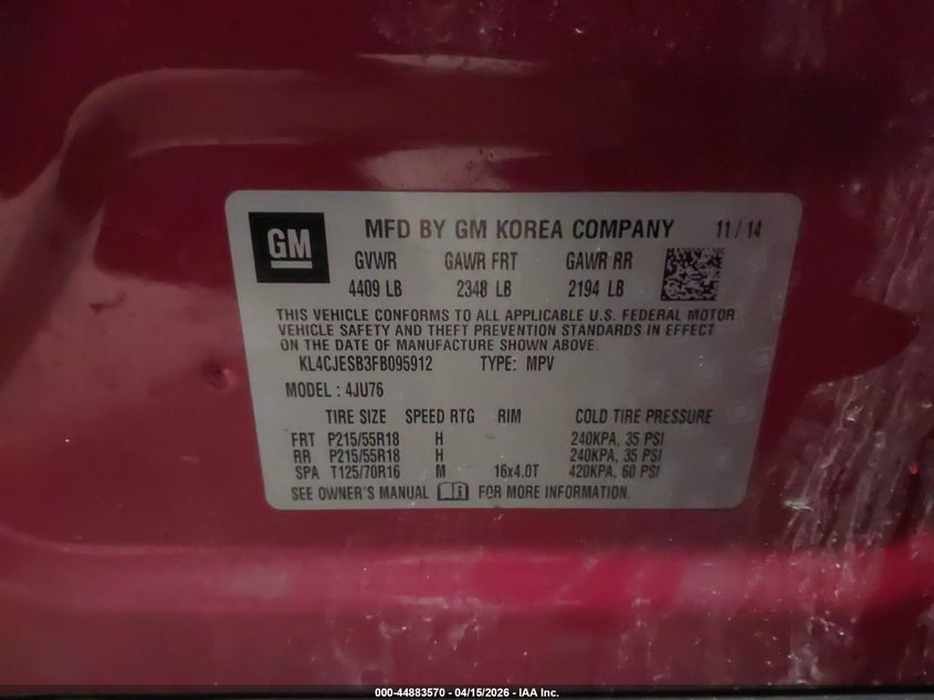 2015 Buick Encore VIN: KL4CJESB3FB095912 Lot: 44883570