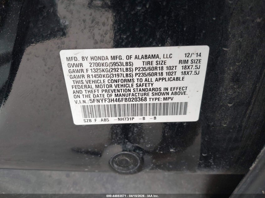 2015 Honda Pilot Ex VIN: 5FNYF3H46FB020368 Lot: 44883571