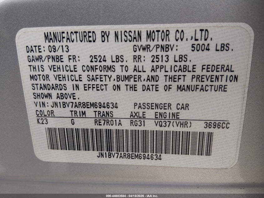 2014 Infiniti Q50 Premium VIN: JN1BV7AR8EM694634 Lot: 44883584