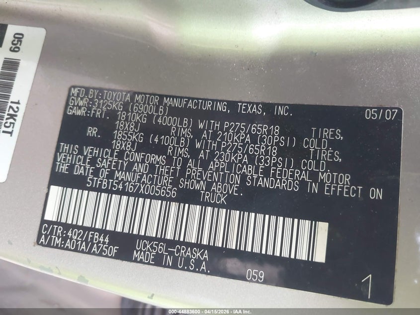 2007 Toyota Tundra Sr5 4.7L V8 VIN: 5TFBT54167X005656 Lot: 44883600