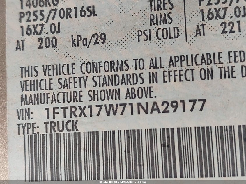 2001 Ford F-150 Lariat/Xl/Xlt VIN: 1FTRX17W71NA29177 Lot: 44883604