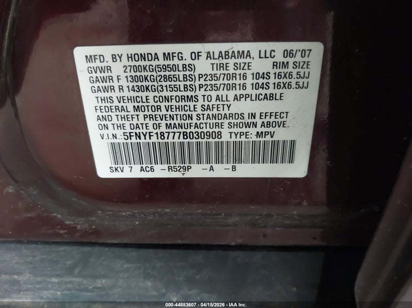 2007 Honda Pilot Ex-L VIN: 5FNYF18777B030908 Lot: 44883607