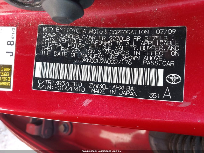 2010 Toyota Prius Ii VIN: JTDKN3DU2A0027176 Lot: 44883624