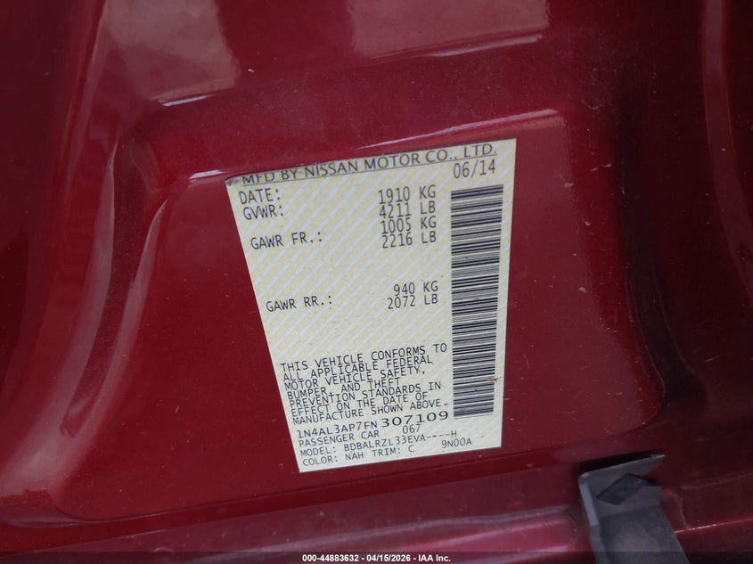 2015 Nissan Altima 2.5 Sl VIN: 1N4AL3AP7FN307109 Lot: 44883632