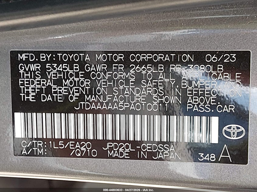 2023 Toyota Mirai Xle VIN: JTDAAAAA5PA010011 Lot: 44883633