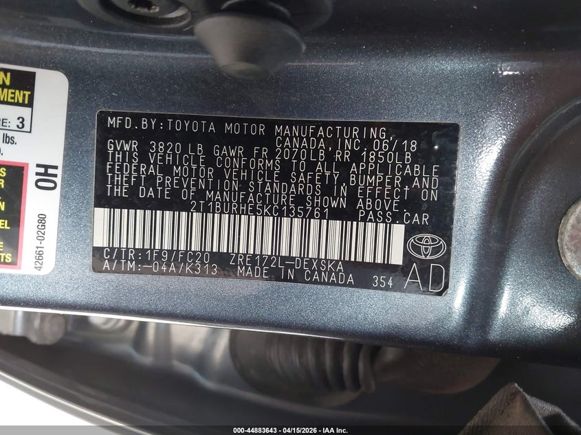 2019 Toyota Corolla Se VIN: 2T1BURHE5KC135761 Lot: 44883643