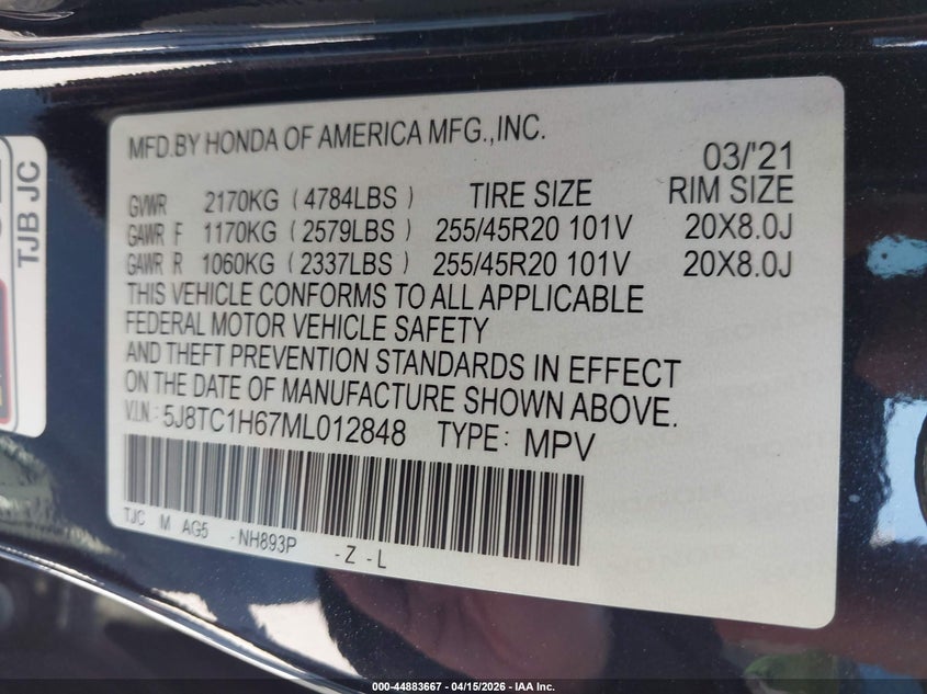 2021 Acura Rdx A-Spec Package VIN: 5J8TC1H67ML012848 Lot: 44883667