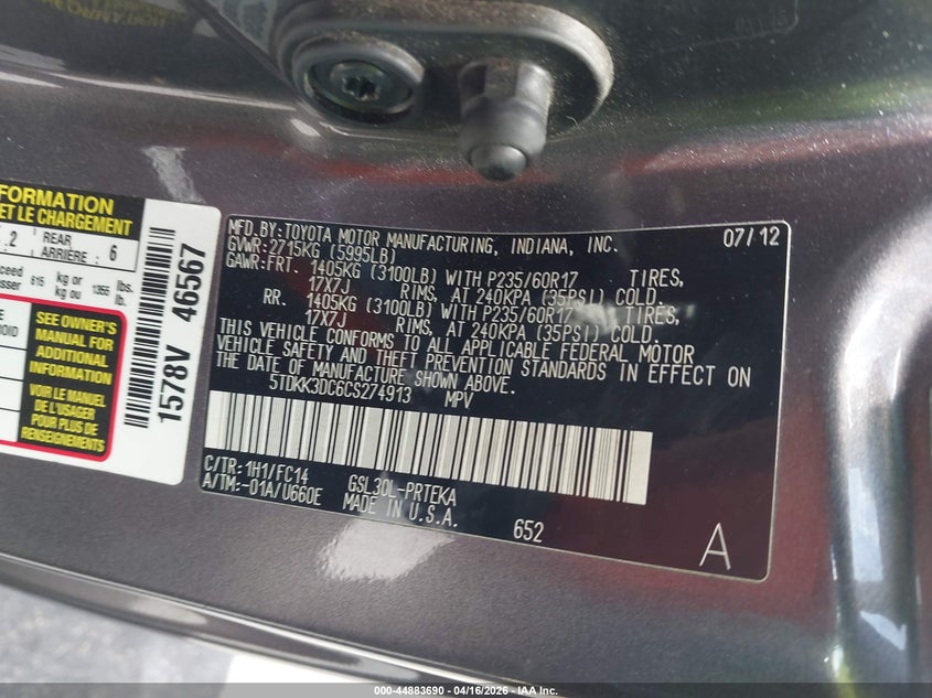 2012 Toyota Sienna 3.5 Le V6 8 Passenger grey Lot 111044883690 Vin 5TDKK3DC6CS274913