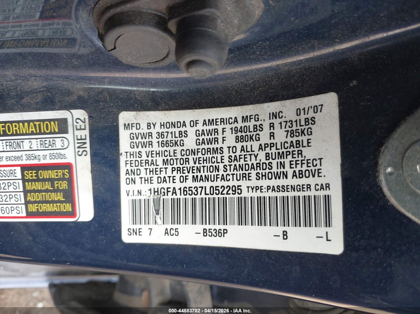 2007 Honda Civic Lx VIN: 1HGFA16537L052295 Lot: 44883702