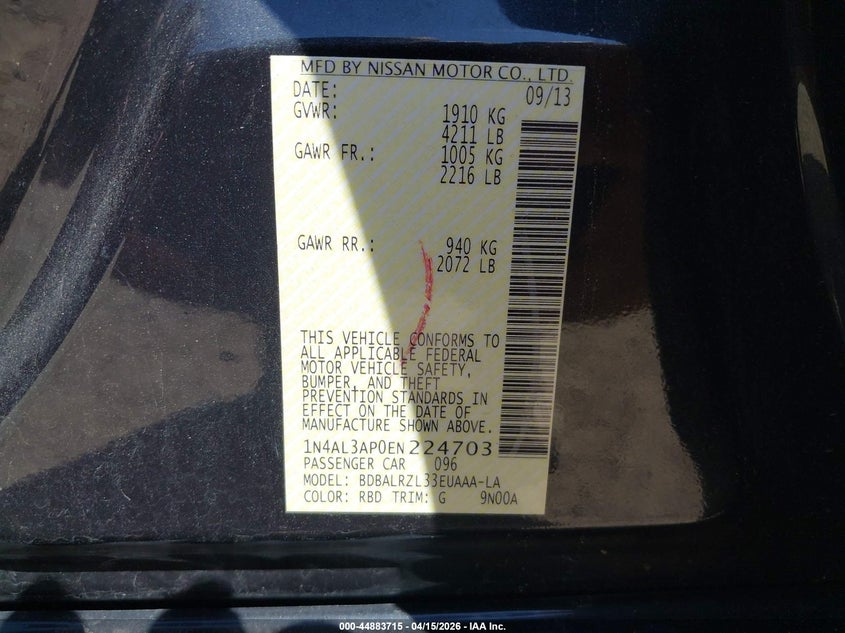 2014 Nissan Altima 2.5 S VIN: 1N4AL3AP0EN224703 Lot: 44883715