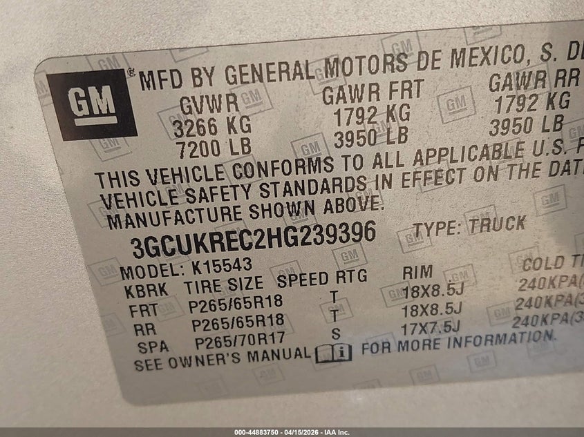 2017 Chevrolet Silverado 1500 2Lt VIN: 3GCUKREC2HG239396 Lot: 44883750