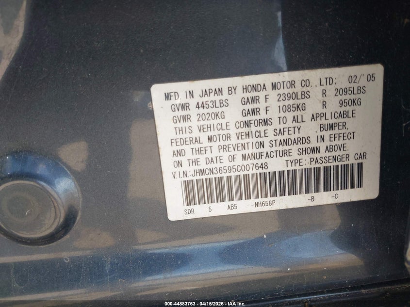 2005 Honda Accord Hybrid Ima VIN: JHMCN36595C007648 Lot: 44883763