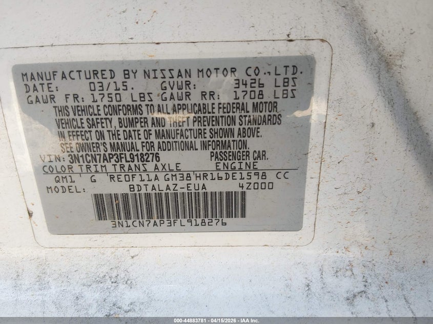 2015 Nissan Versa 1.6 S+ VIN: 3N1CN7AP3FL918276 Lot: 44883781