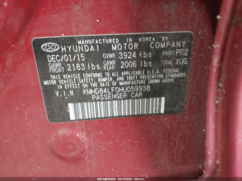 2017 Hyundai Elantra Se VIN: KMHD84LF0HU059938 Lot: 44883805