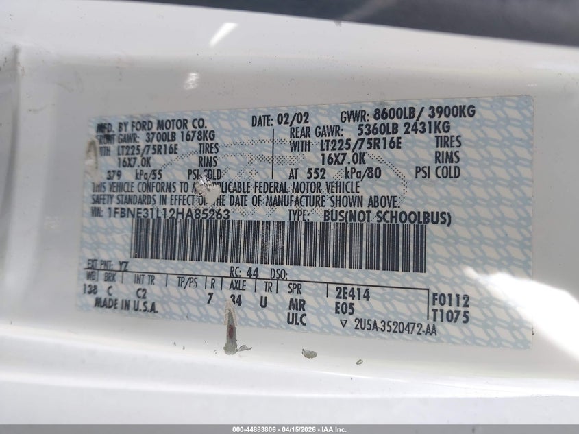 2002 Ford E-350 Super Duty Xl/Xlt VIN: 1FBNE31L12HA85263 Lot: 44883806