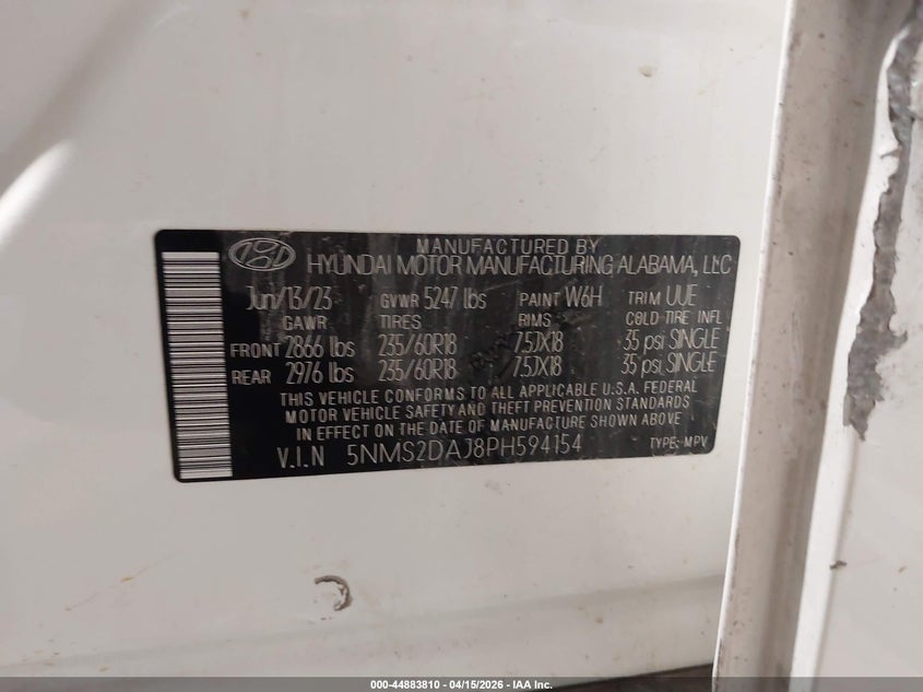 2023 Hyundai Santa Fe Sel VIN: 5NMS2DAJ8PH594154 Lot: 44883810