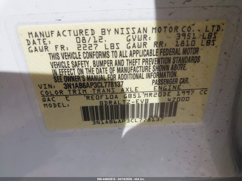 2012 Nissan Sentra 2.0 S VIN: 3N1AB6AP3CL778137 Lot: 44883815