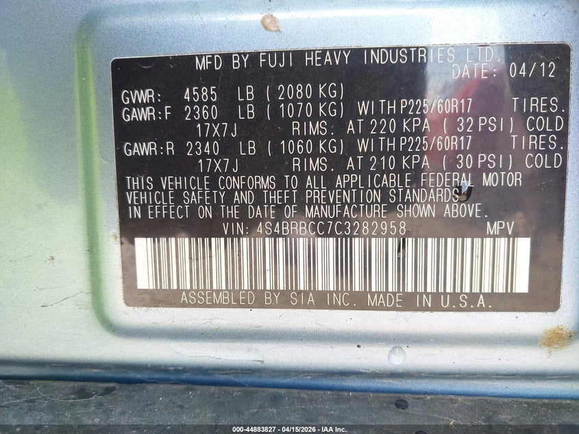 2012 Subaru Outback 2.5I Premium VIN: 4S4BRBCC7C3282958 Lot: 44883827