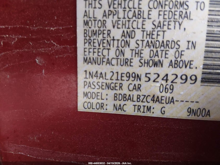 2009 Nissan Altima 2.5 S VIN: 1N4AL21E99N524299 Lot: 44883832