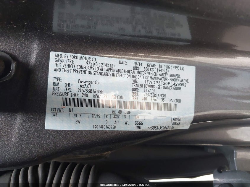 2014 Ford Focus Se VIN: 1FADP3F20EL429092 Lot: 44883835