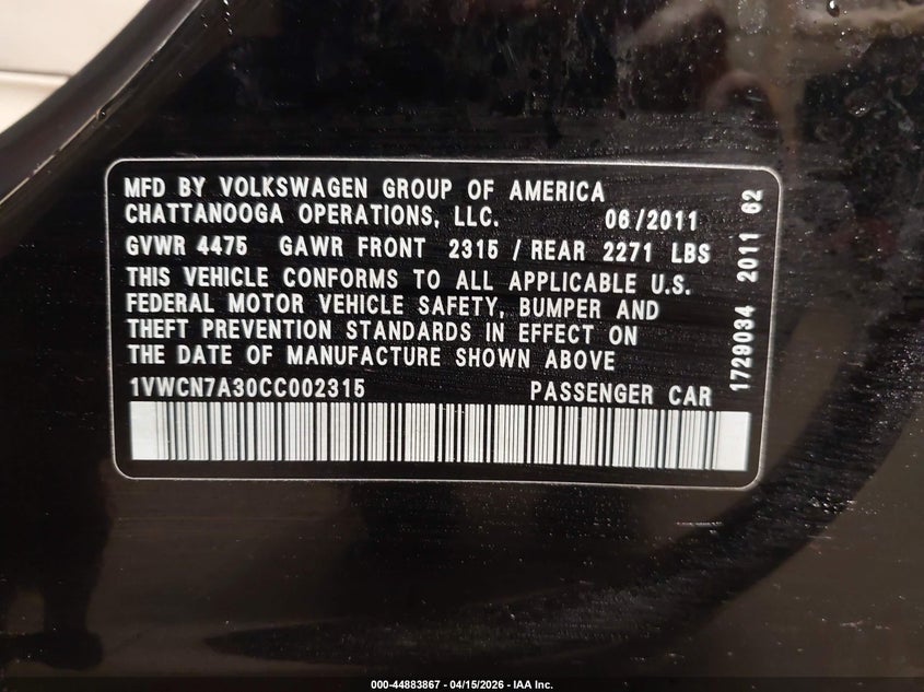 2012 Volkswagen Passat 2.0L Tdi Sel Premium VIN: 1VWCN7A30CC002315 Lot: 44883867