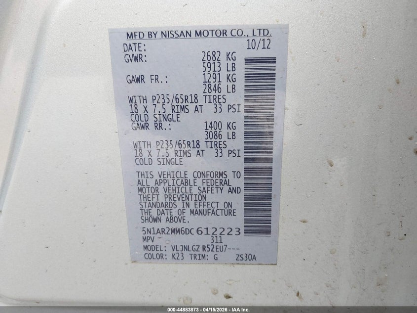 2013 Nissan Pathfinder Sl VIN: 5N1AR2MM6DC612223 Lot: 44883873