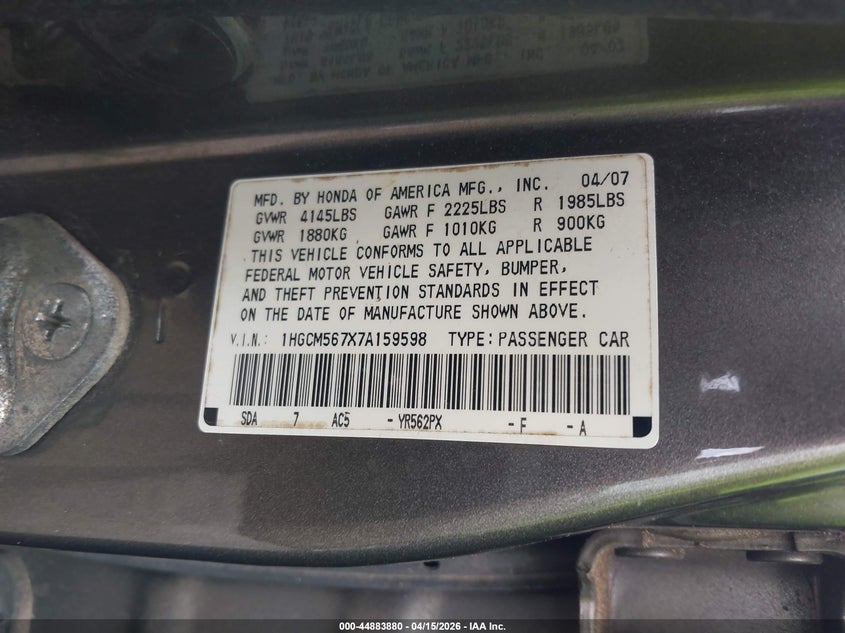 2007 Honda Accord 2.4 Ex VIN: 1HGCM567X7A159598 Lot: 44883880