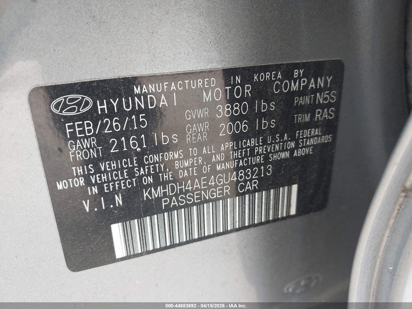 2016 Hyundai Elantra Se VIN: KMHDH4AE4GU483213 Lot: 44883892