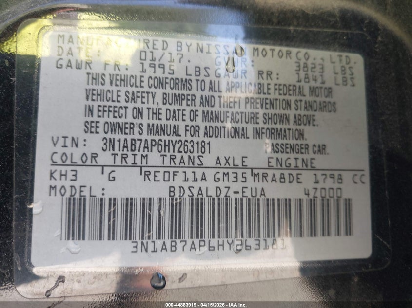 2017 Nissan Sentra Sv VIN: 3N1AB7AP6HY263181 Lot: 44883919