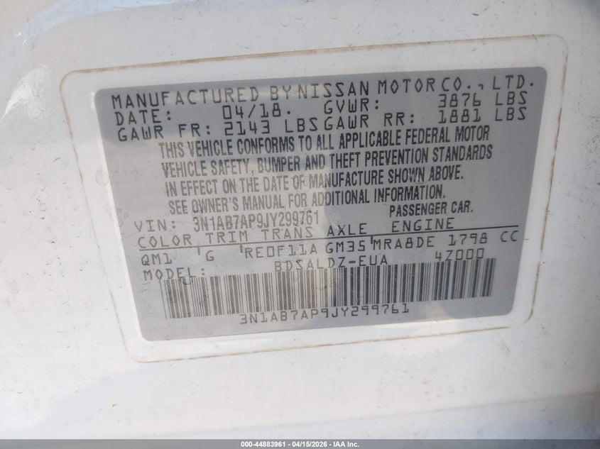 2018 Nissan Sentra Sv VIN: 3N1AB7AP9JY299761 Lot: 44883961