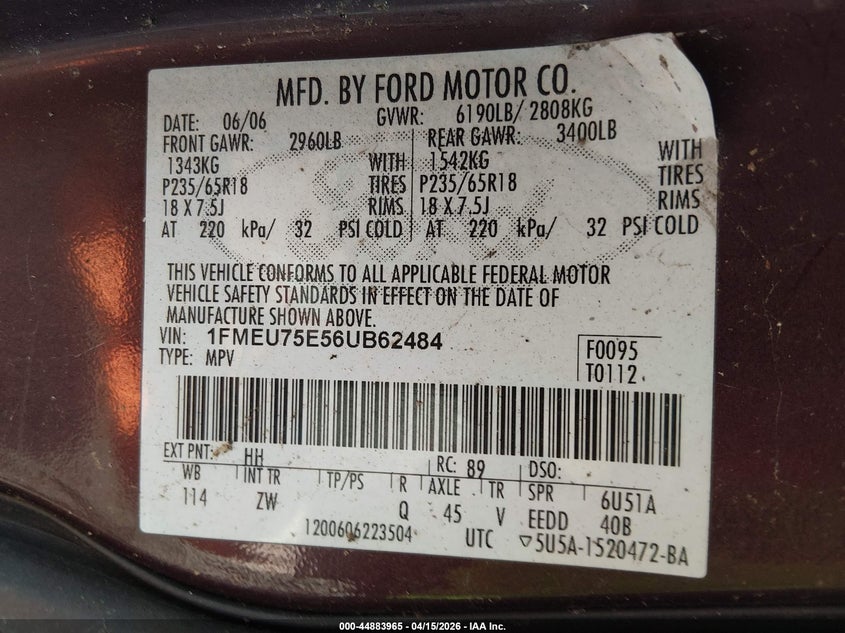 2006 Ford Explorer Limited VIN: 1FMEU75E56UB62484 Lot: 44883965