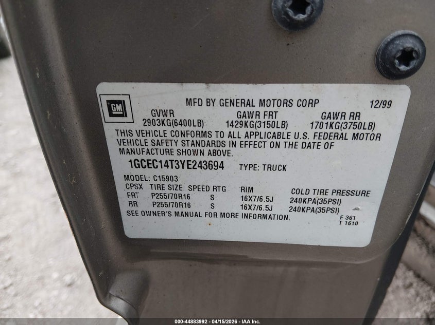 2000 Chevrolet Silverado 1500 Ls VIN: 1GCEC14T3YE243694 Lot: 44883992