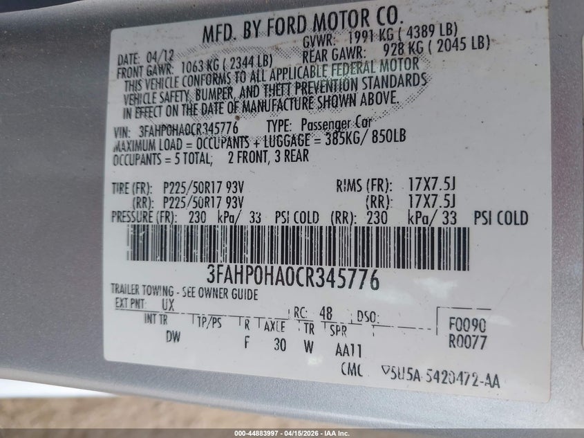 2012 Ford Fusion Se VIN: 3FAHP0HA0CR345776 Lot: 44883997