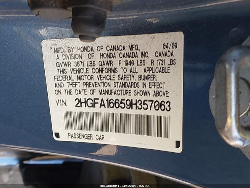 2009 Honda Civic Lx-S VIN: 2HGFA16659H357063 Lot: 44884011