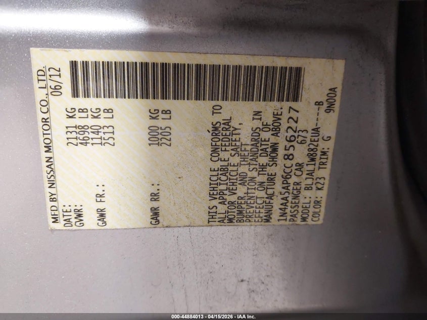 2012 Nissan Maxima 3.5 Sv VIN: 1N4AA5AP6CC856227 Lot: 44884013