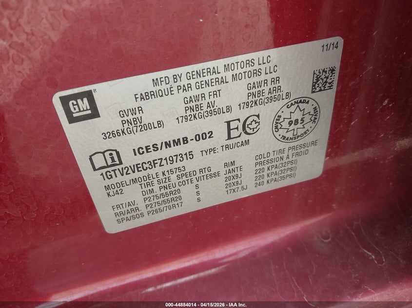 2015 GMC Sierra 1500 Slt VIN: 1GTV2VEC3FZ197315 Lot: 44884014